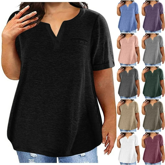 Mittory Summer Cotton Plus Size Tops for Women Trendy Short Sleeve V Neck Loose Blouse Basic Comfy T Shirts Tees