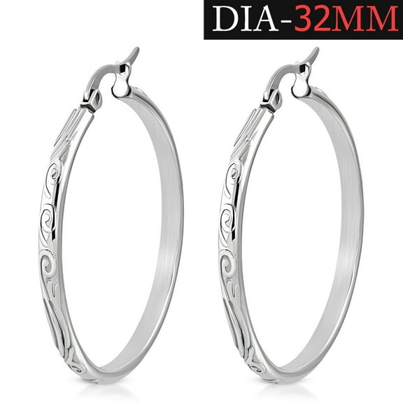 Stainless Steel Silver-Tone Round Swirl Hoop Earrings, 1.25"