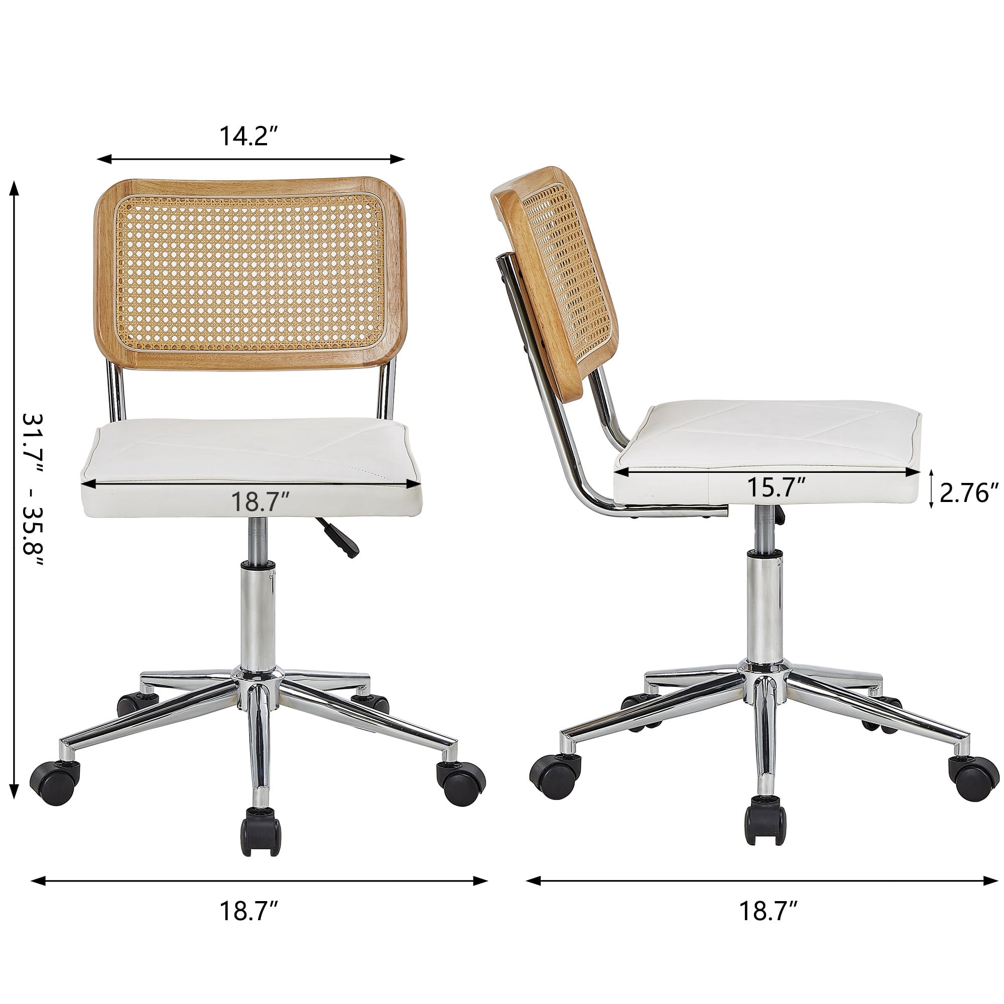 VECELO Mid Century Home Office Chair with Wheels, Modern PU Leather Desk Chair with Rattan Backrest, Adjustable Height Task Chair Swivel Computer Chair, White