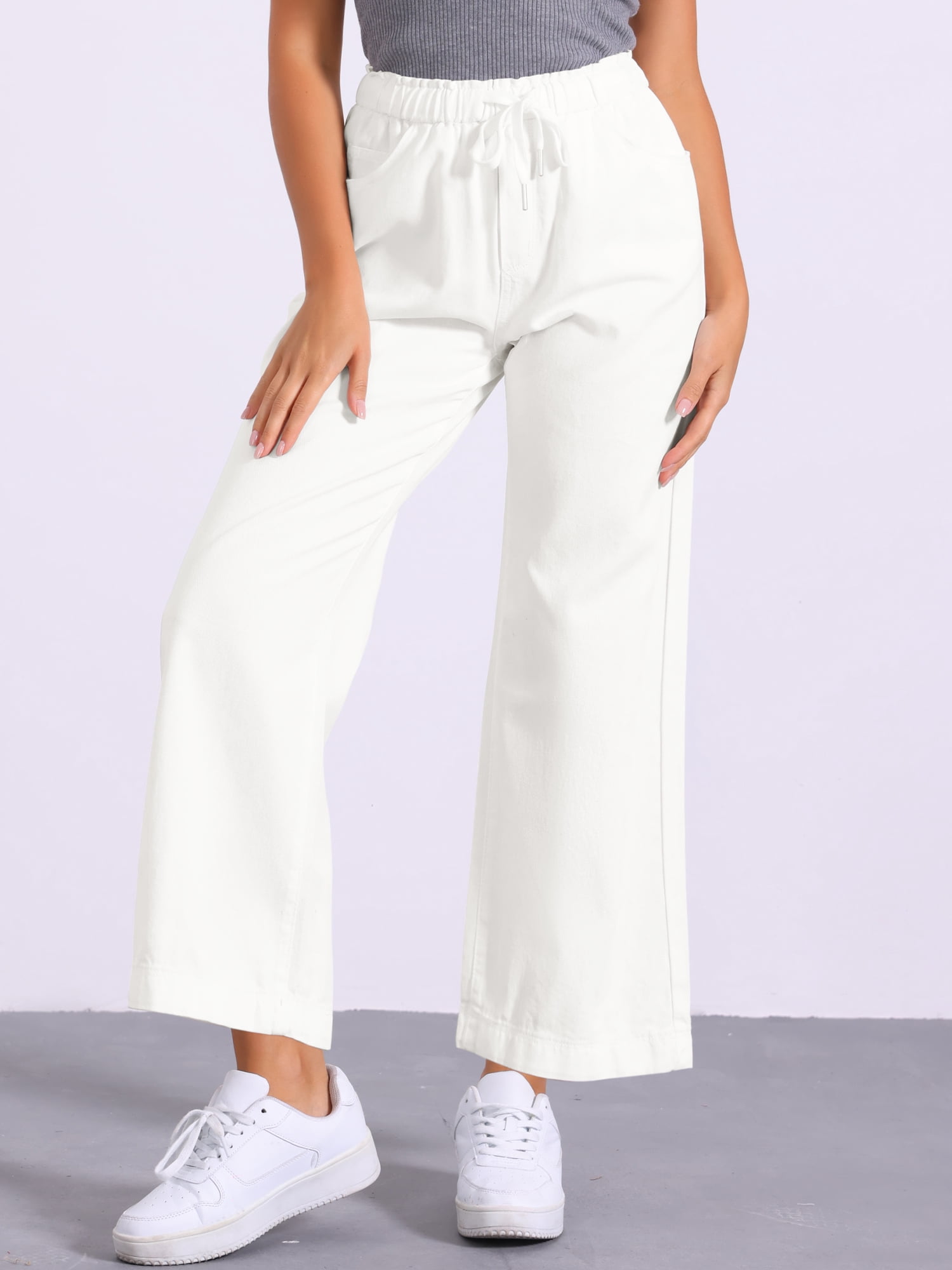 DARING DIVA Women's Trendy Elastic Waist Wide Legs Drawstring Jeans S White