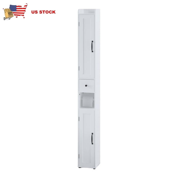 GZXS 67.51" Tall Slim Bathroom Storage Cabinet, Freestanding Organizer with Adjustable Shelves, Open Compartment with Toilet Paper Holder, 1 Drawer and 2 Doors, for Small Spaces, White
