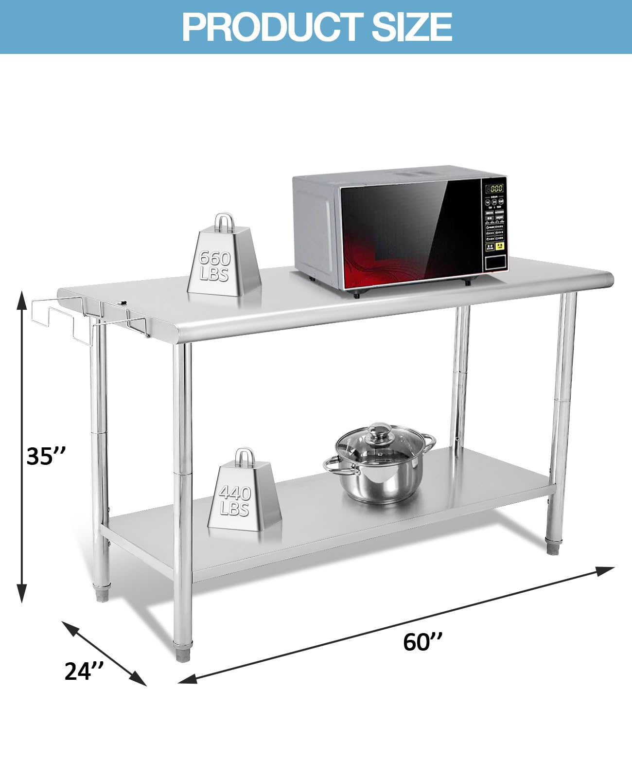 Danolapsi Stainless Steel Table 60" x 24",Kitchen Prep Table,NSF Stainless Steel Metal with Backsplash,Adjustable Undershelf,5 Hooks,Heavy Duty Workbench Workstation Work Table for Restaurant and Home