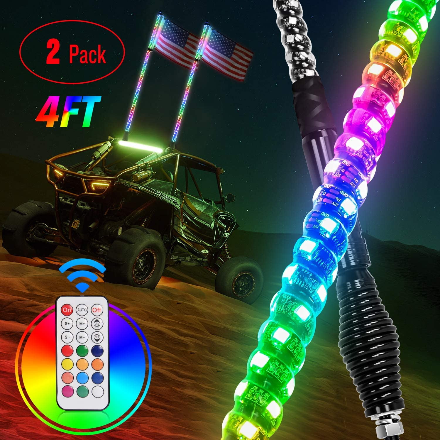 2PCS 4FT Spiral RGB Led Whip Light with Remote Control,22 Dynamic Modes,10 Levels of Speed Adjustment,5 Brightness Levels,Waterproof IP65 for Can-Am ATV UTV RZR Polaris Dune Buggy Offroad Truck 