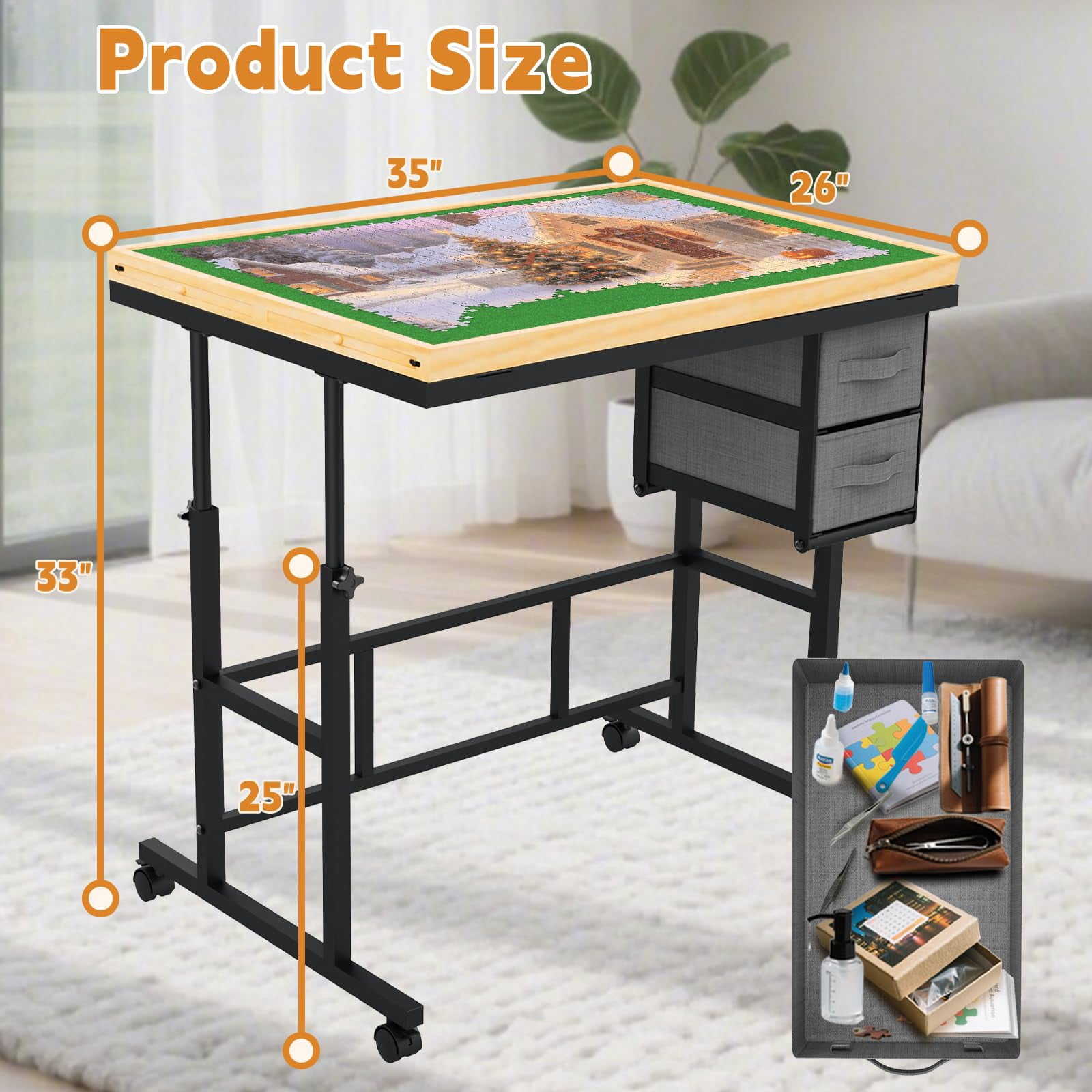 Jigsaw Puzzle Table for Adults with 6 Drawer and Legs, 1500 Pieces Puzzle Table with Protective Cover&Wheels, Adjustable Height and Five up Angles, Natural&Green