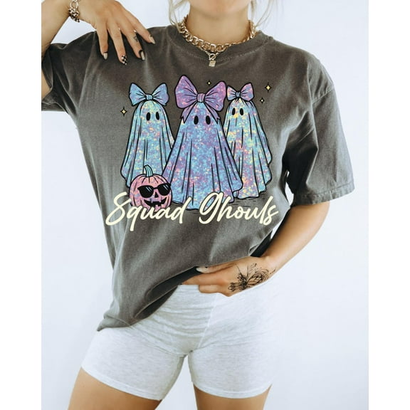 Cute Ghost Girls T-Shirt Glittery Halloween Pastel Spooky Squad Girly Halloween Shirt Design Print Use