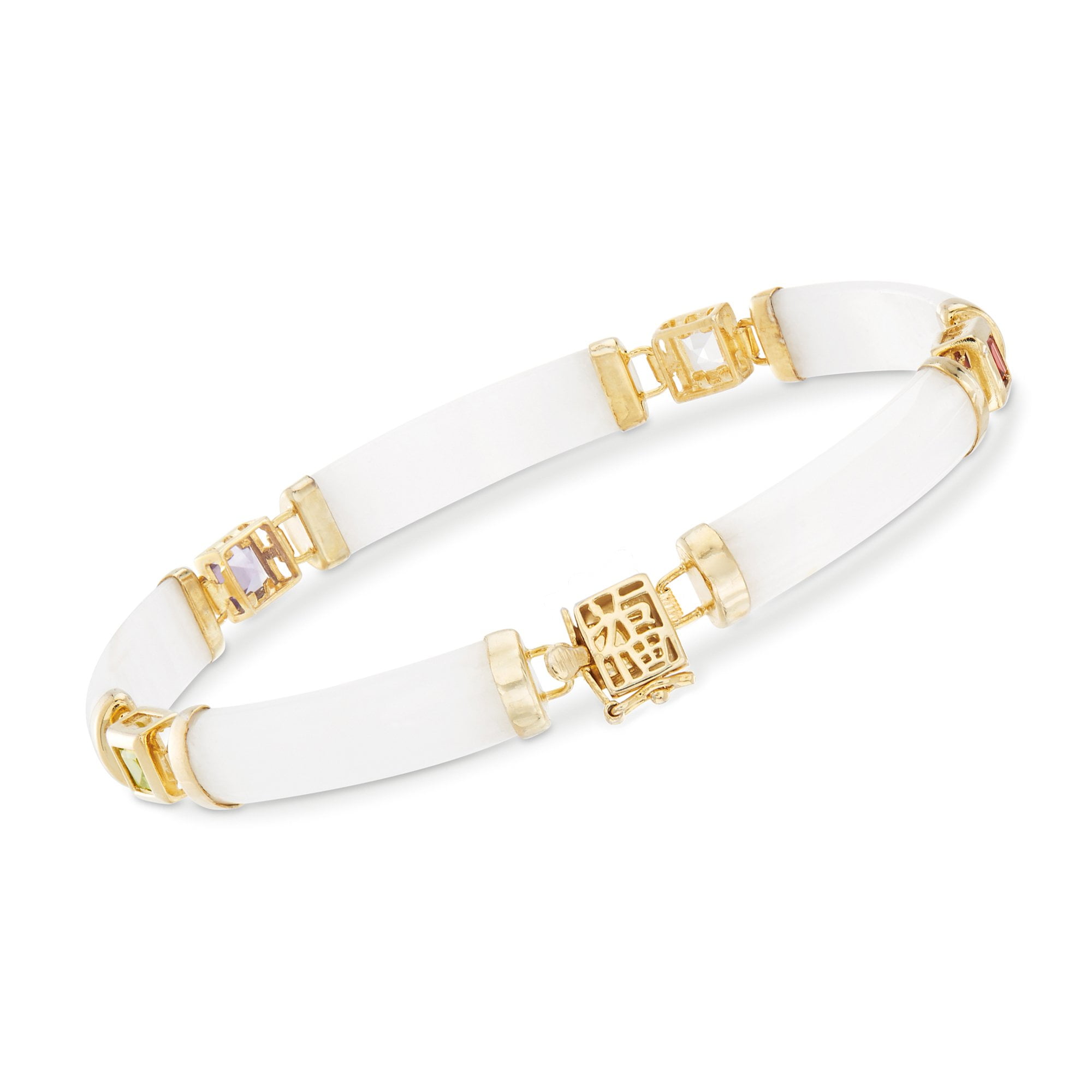 Ross-Simons White Jade and 1.40 ct. t.w. Multi-Gemstone "Good Fortune" Bracelet in 18kt Gold Over Sterling, Women's, Adult