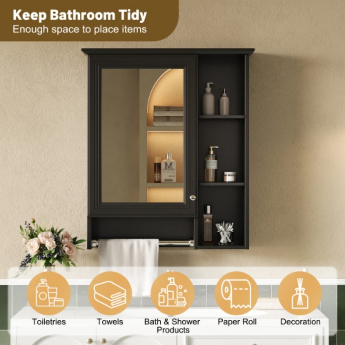 24" Wall Mounted Medicine Cabinet with Mirror, Bathroom Storage Cabinet with Adjustable Shelf, Soft Close Door & Towel Bar, Modern Over Toilet Organizer, Black