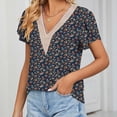 thumbnail image 2 of Blusa estampada de encaje de guipur Blusa de guipur de manga corta con pétalos y escote en V para mujer Citas Estampado floral morado XXL, 2 of 6