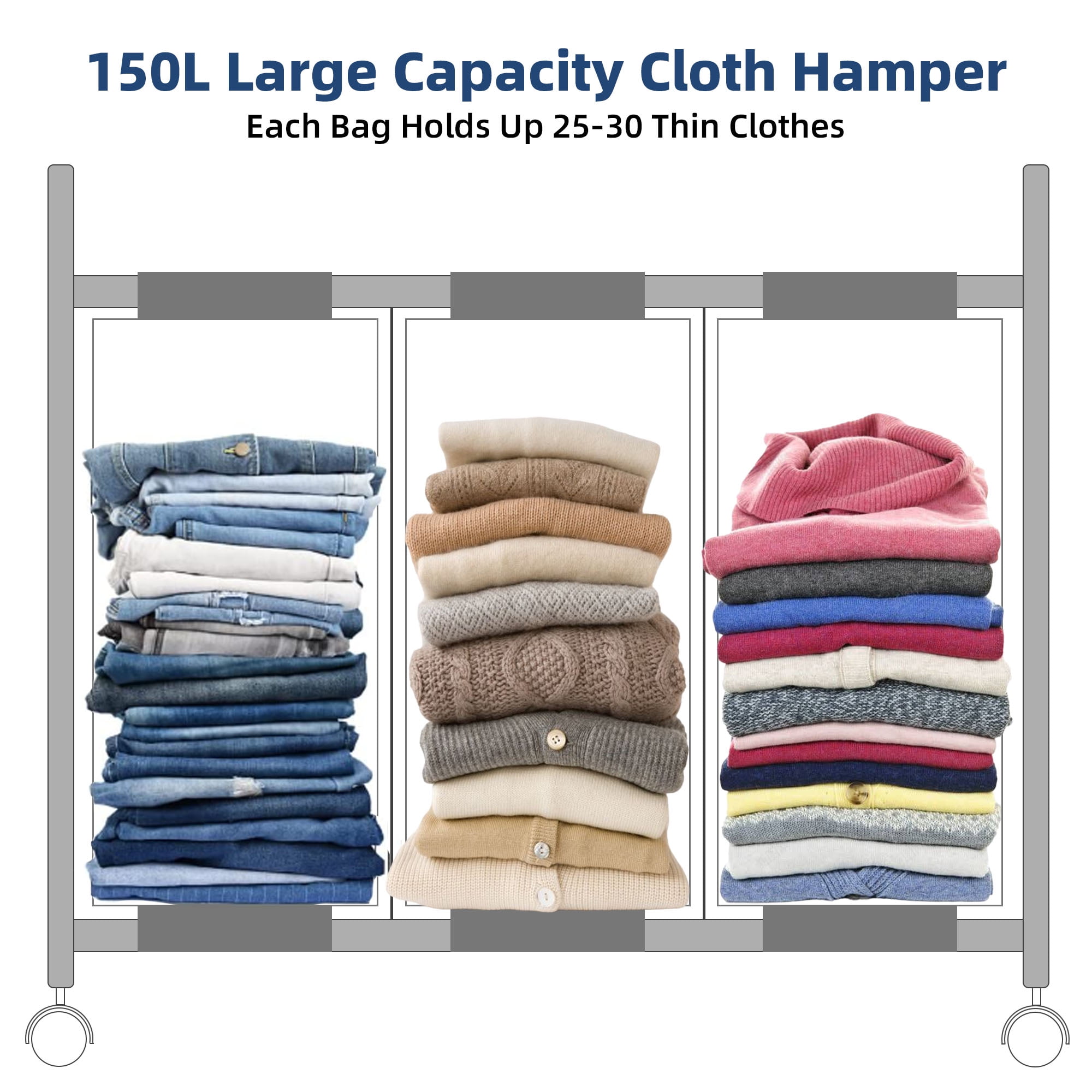 Nefoso 3 Section Laundry Hamper with Lid and Wheels, 150L Large Laundry Basket Sorter Cart with Handle, Clothes Storage, Multicolor