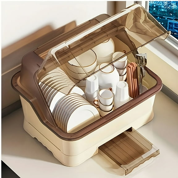 Covered Dish Storage Rack with Lid, Plate Organizer Box for Dishes Bowls, Kitchen Countertop Dish Drainer Drying Rack