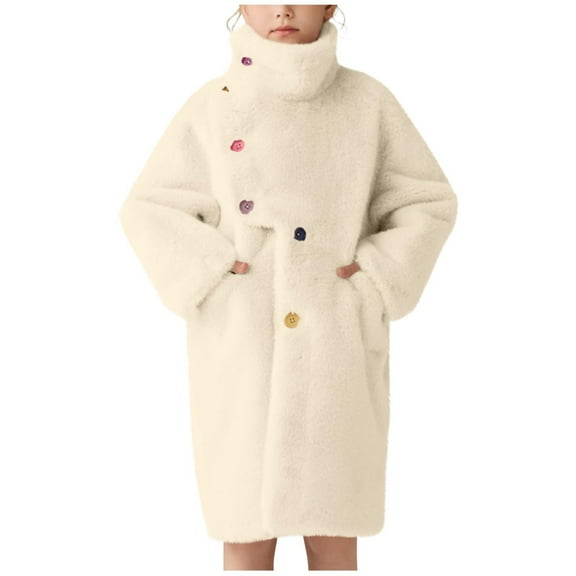 OGLCCG Girls Sherpa Fleece Parka Teens Button Down Mock Neck Fuzzy Furry Jacket Winter Warm Plush Faux Fur Trench Coat with Pockets 2-18 Years