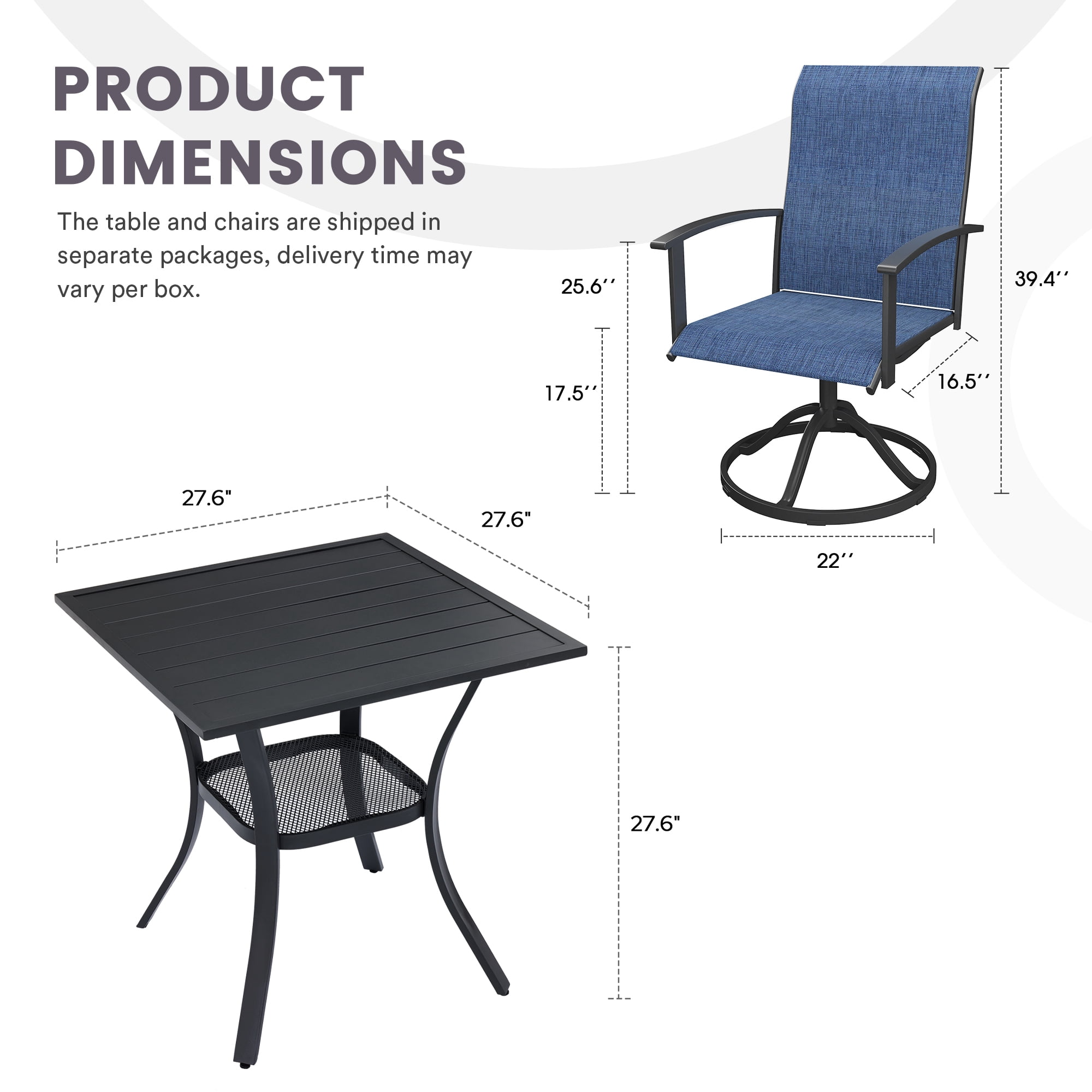 DIFY 3PCS Patio Dining Furniture Set, 28" Square Slatted Table and 2 Swivel Textilene Chairs