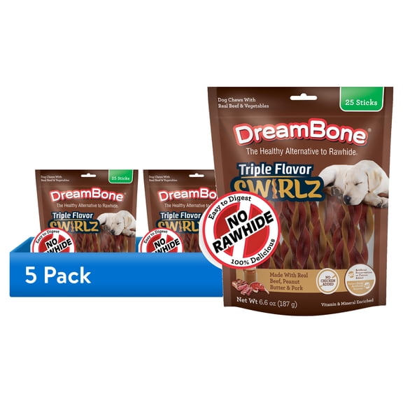 (5 pack) DreamBone Triple Flavor Swirlz with No Chicken Added, Rawhide-Free Dog Chews, 25 Count
