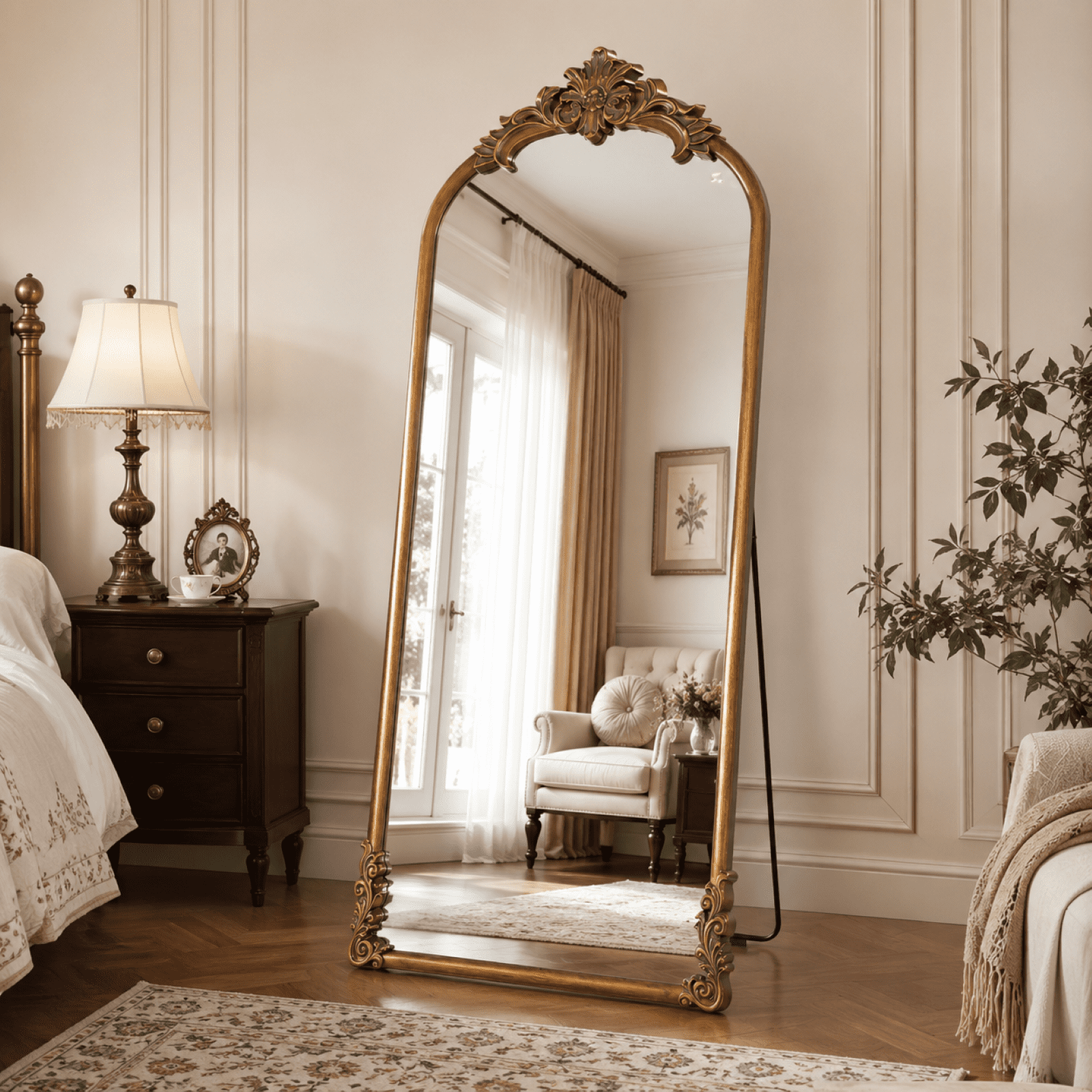 VORENTA 69"x28" Vintage Floor Mirror Arched Full Length Mirror Baroque Carved Wall Mounted Decor Traditional Ornate Mirror with Stand, Antique Bronze