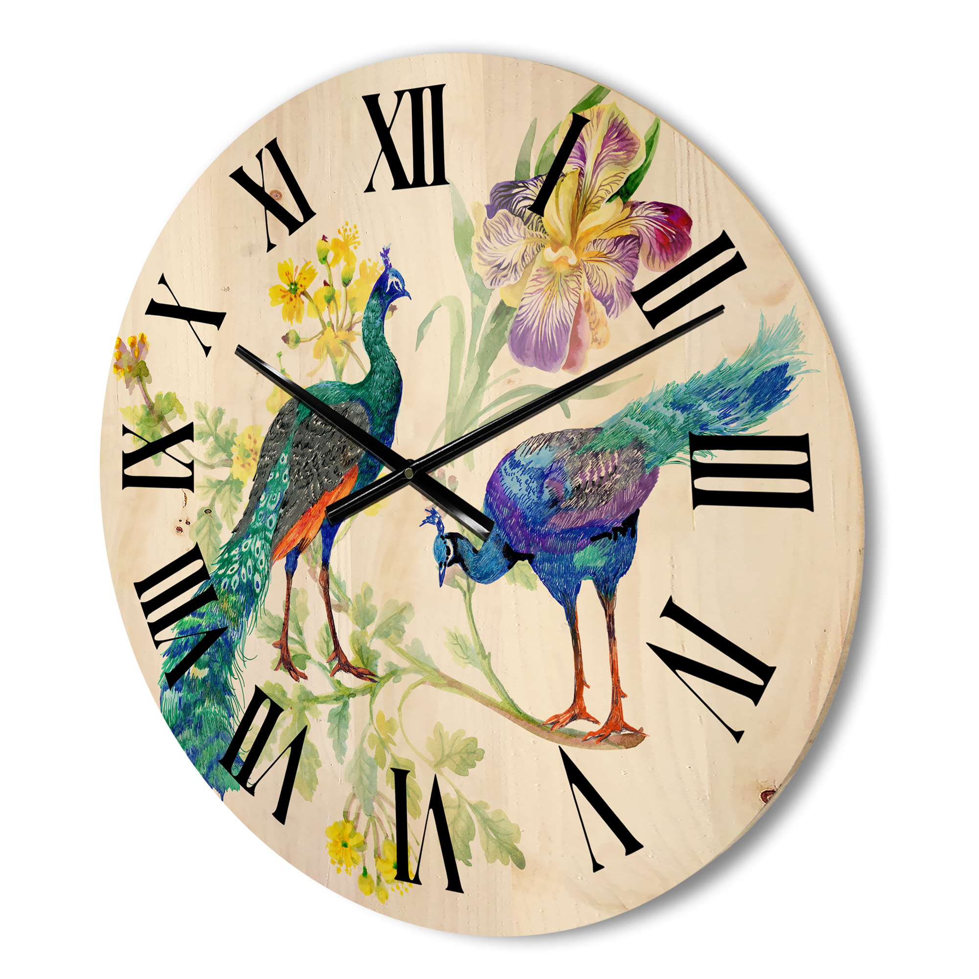 Designart 'Iris Flowers and Peacocks' Traditional Wood Wall Clock