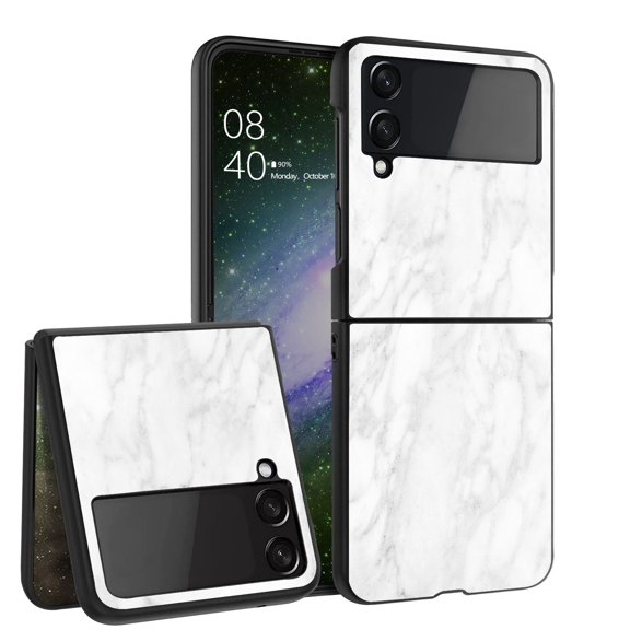 ANJ  Hard Protective Printed Case Cover Compatible with Samsung Galaxy Z Flip 4 - White Marble