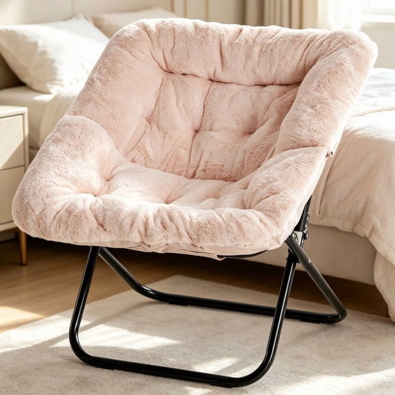 Comfy Faux Fur Folding Lounge Chair for Adults, Large Size Foldable Soft Relaxing Chair for Living Room Bedroom, Pink