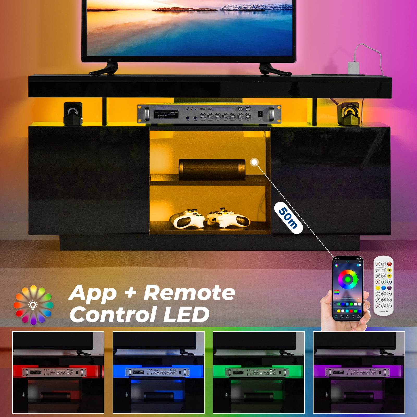 Hommpa TV Stand for TVs up to 55" with LED Lights & Power Outlets Modern Gaming Entertainment Center High Gloss Media Console TV Cabinet Black