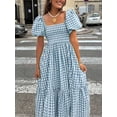 thumbnail image 3 of Blue And White Plaid Square Neck Puff Sleeve Tiered Midi Dress For Women, 3 of 6