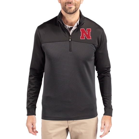 Men's-Cutter & Buck Black Nebraska Huskers Traverse Stretch Eco Stripe DryTec Tri-Blend Quarter-Zip Pullover