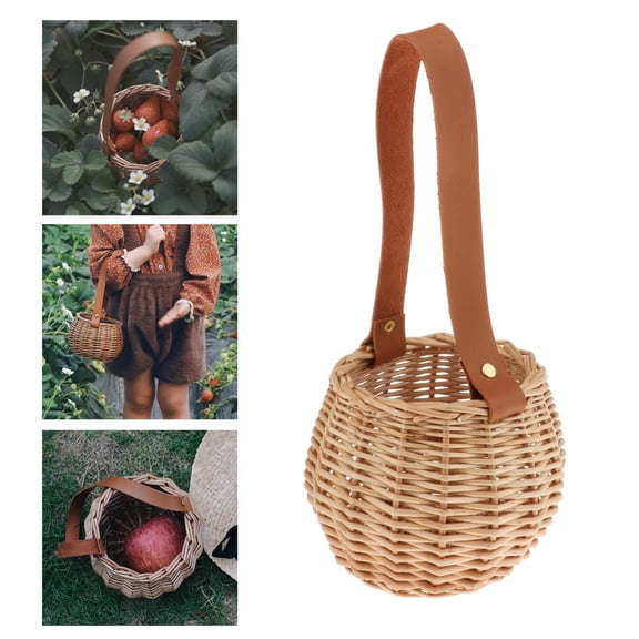 Hanging Baskets with Leather Handle, Decorative Woven Basket for Plants And Flowers, Small Round Wall Hanging Basket, Hanging Baskets for Organizing Brown13
