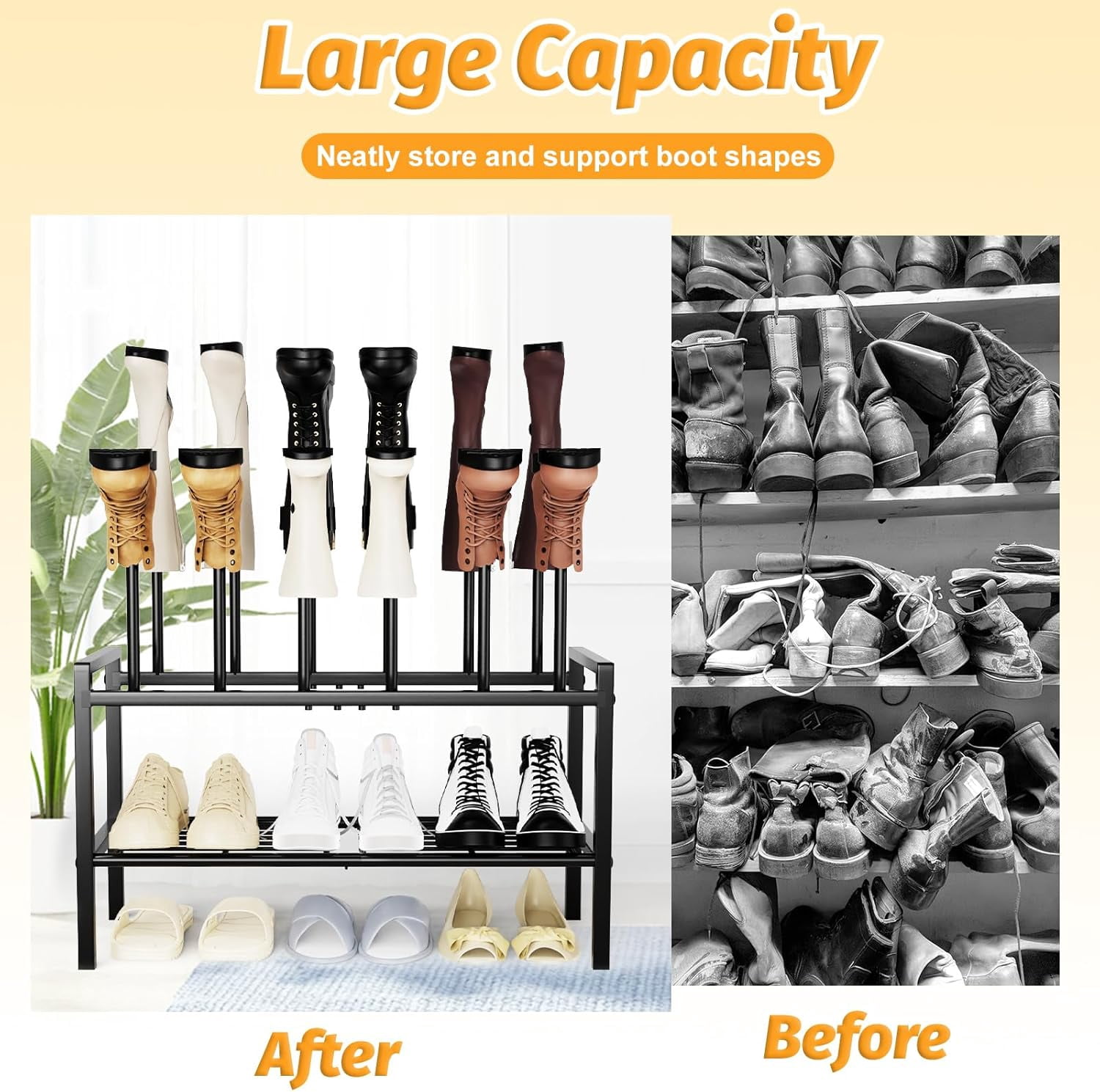Tall Boot Shoe Rack,FreeStanding Metal Shoe Racks with 12 Long Posts Holds 6 Pairs,Boot Shelf Storage Organizer for Closet Entryway Floor Bedroom Outdoor, Black