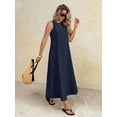 thumbnail image 4 of Navy Blue Solid Round Neck Sleeveless Loose A-Line Maxi Dress For Women, 4 of 7