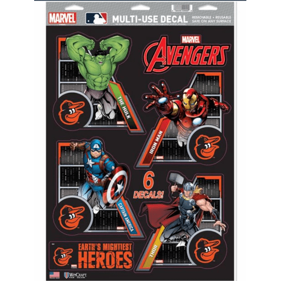 Baltimore Orioles  /  MARVEL Multi-Use 6 Piece Decals 11" x 17"