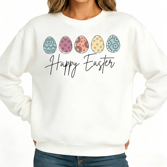 Pastel Happy Easter Eggs Womans Print Sweatshirt Graphic Sweatshirt Black White S-3XL Holiday Soft Fleece Tops