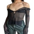 thumbnail image 1 of Women Mesh Off Shoulder Camisole Halter Backless Patchwork T-Shirt Long Sleeve Crop Tops, 1 of 6