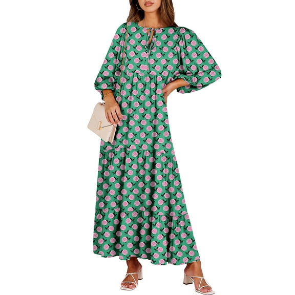 Luniro Boho Maxi Dresses for Women Floral Flowy Loose Fit 3/4 Sleeve Fall Summer Wedding Guest Dress