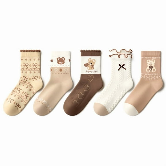 Beibi 5-Pair Pack Kids Mid-Calf Socks for Girls Cute Bear Design Suitable for Spring, Fall, and Winter For ages 4-13 and up