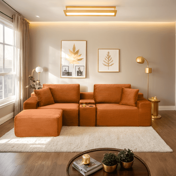 CKEASEAN 111" Cloud Boneless Sofa Couch with Cup Holder & Storage Box, Modern Corduroy L Shaped Modular Sectional Sofa with Ottoman, USB Ports, No Assembly Required, Couches for Living Room