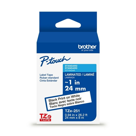 Brother P-touch TZe251 Black Print on White Label Tape, 1 in x 26.2 ft Laminated, 1-Piece