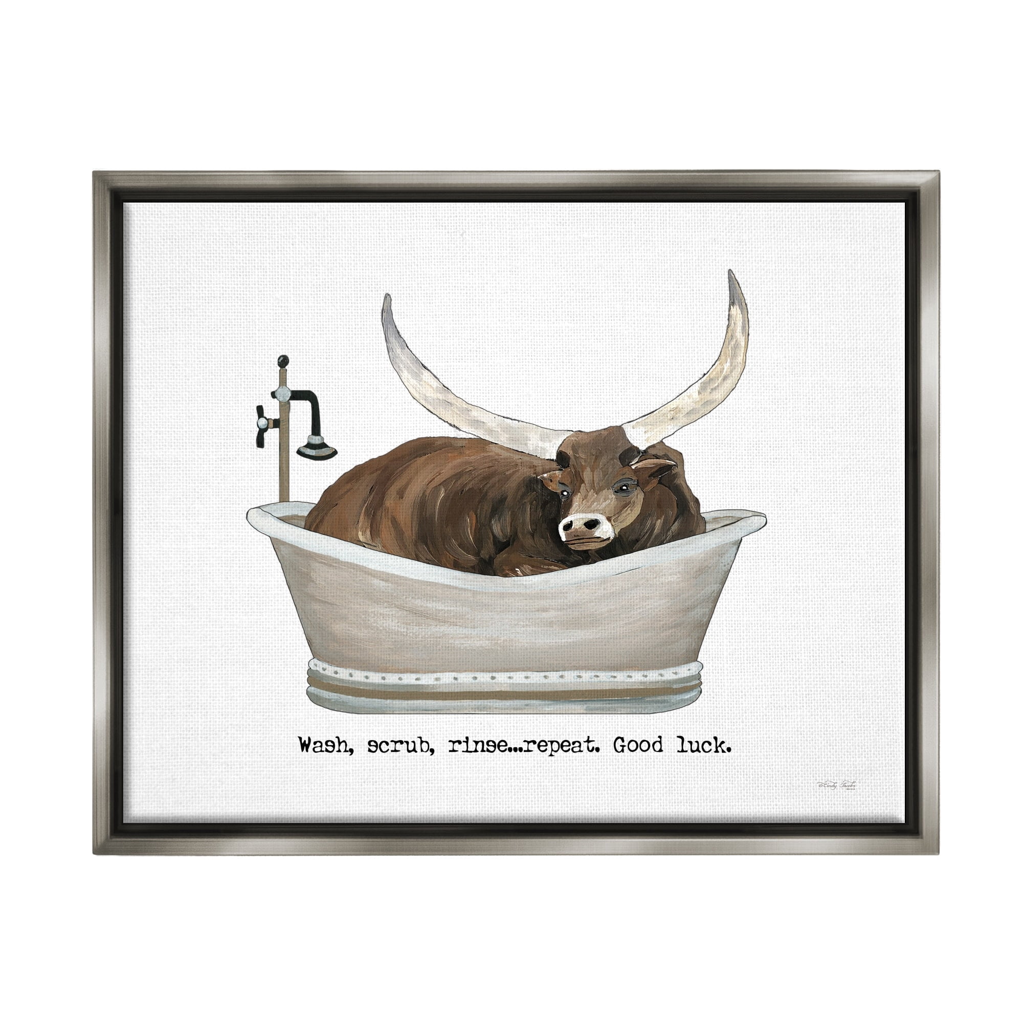 Stupell Industries Longhorn Cattle Bathtub Country Bathroom Typography Graphic Art Luster Gray Floating Framed Canvas Print Wall Art, Design by Cindy Jacobs