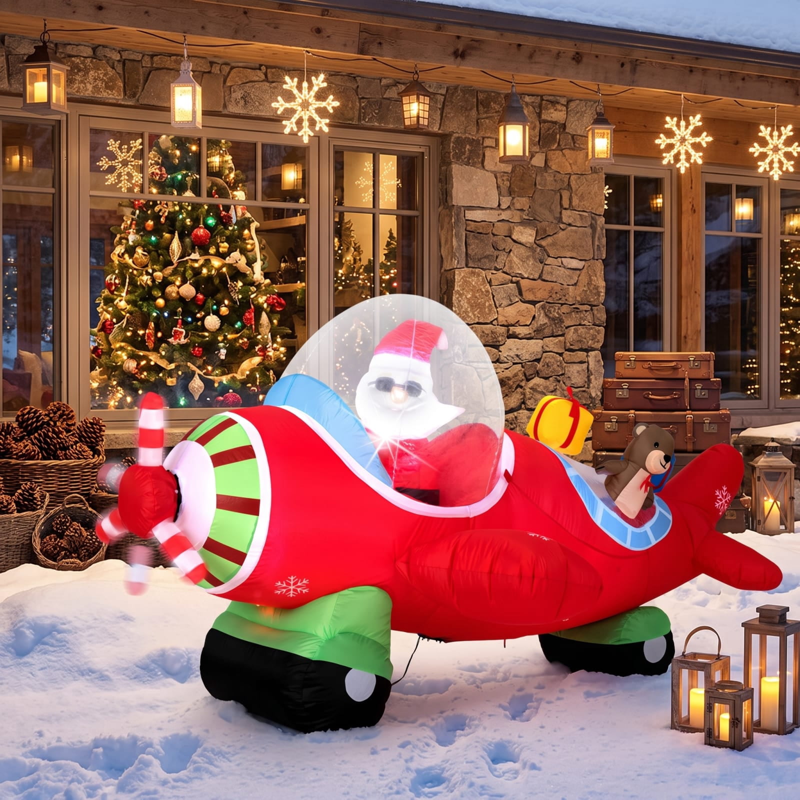 RUIE 7.2 FT Christmas Inflatables, Blow Up Santa Airplane with Bear and Gift Boxes, LED Lighted Outdoor Yard Decorations for Lawn - Multicolor