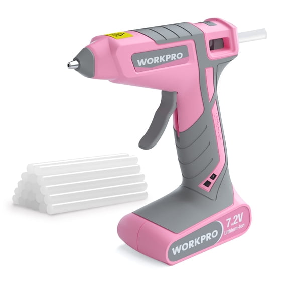 Pistola de pegamento termofusible inalámbrica WORKPRO, color rosa, 7,2 V, con 20 barras de pegamento