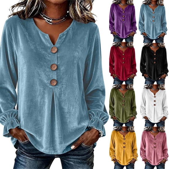 Women's Solid Velvet Long Sleeve Tops Notched V Neck Loose Tunic Shirts Business Casual Blouses Fall Winter Dressy Tops Daily Outfits White