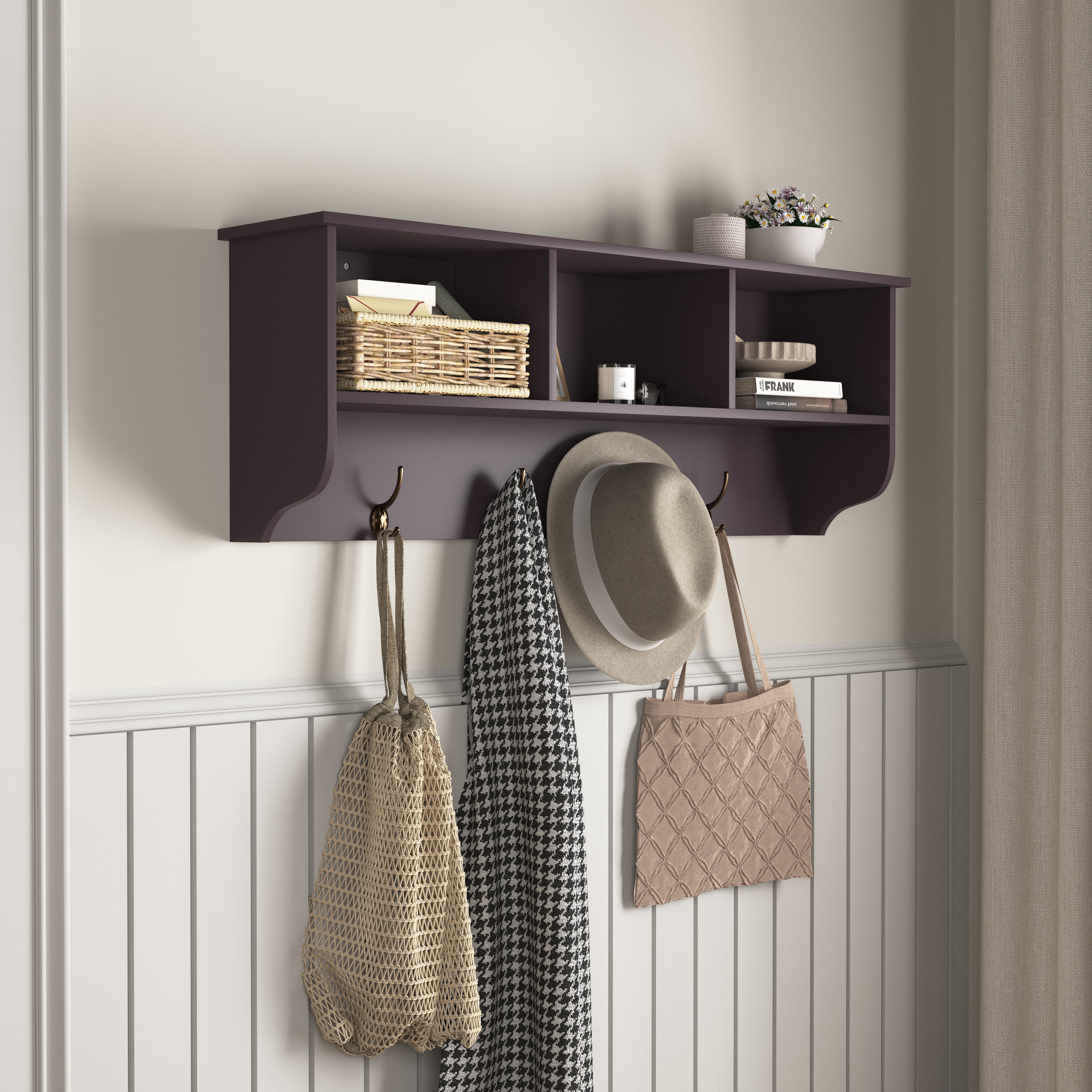 Leumius Wall Mounted Coat Rack,Wood Wall Hooks,Entryway Hat Rack Wall Hanger with 4 Dual Hooks & Storage for Entryway,Bathroom,Decor,Espresso