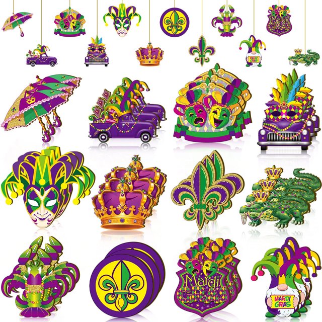Husfou - 36 adornos colgantes de madera para Mardi Gras, para el hogar, fiestas de carnaval y decoración al aire libre