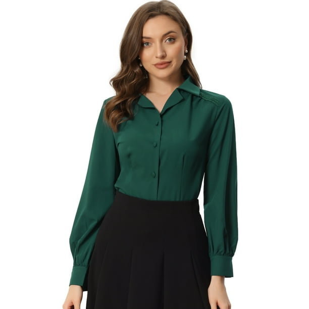 Blusa Allegra K de trabajo vintage manga larga Verde Oscuro XS