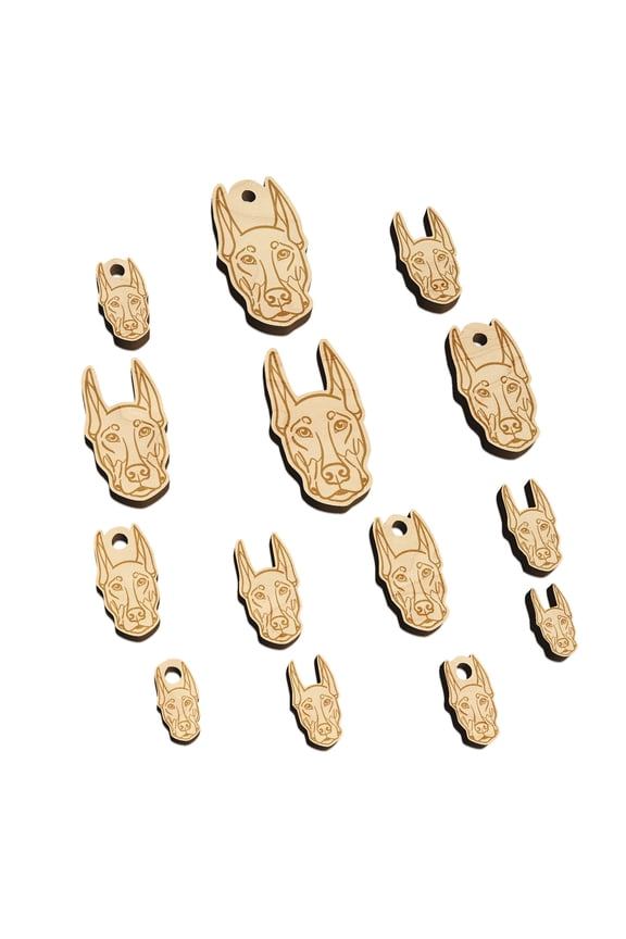 Doberman Pinscher Dog Head Wood Mini Charms Shapes DIY Craft Jewelry - With Hole - Various Sizes (16pcs)