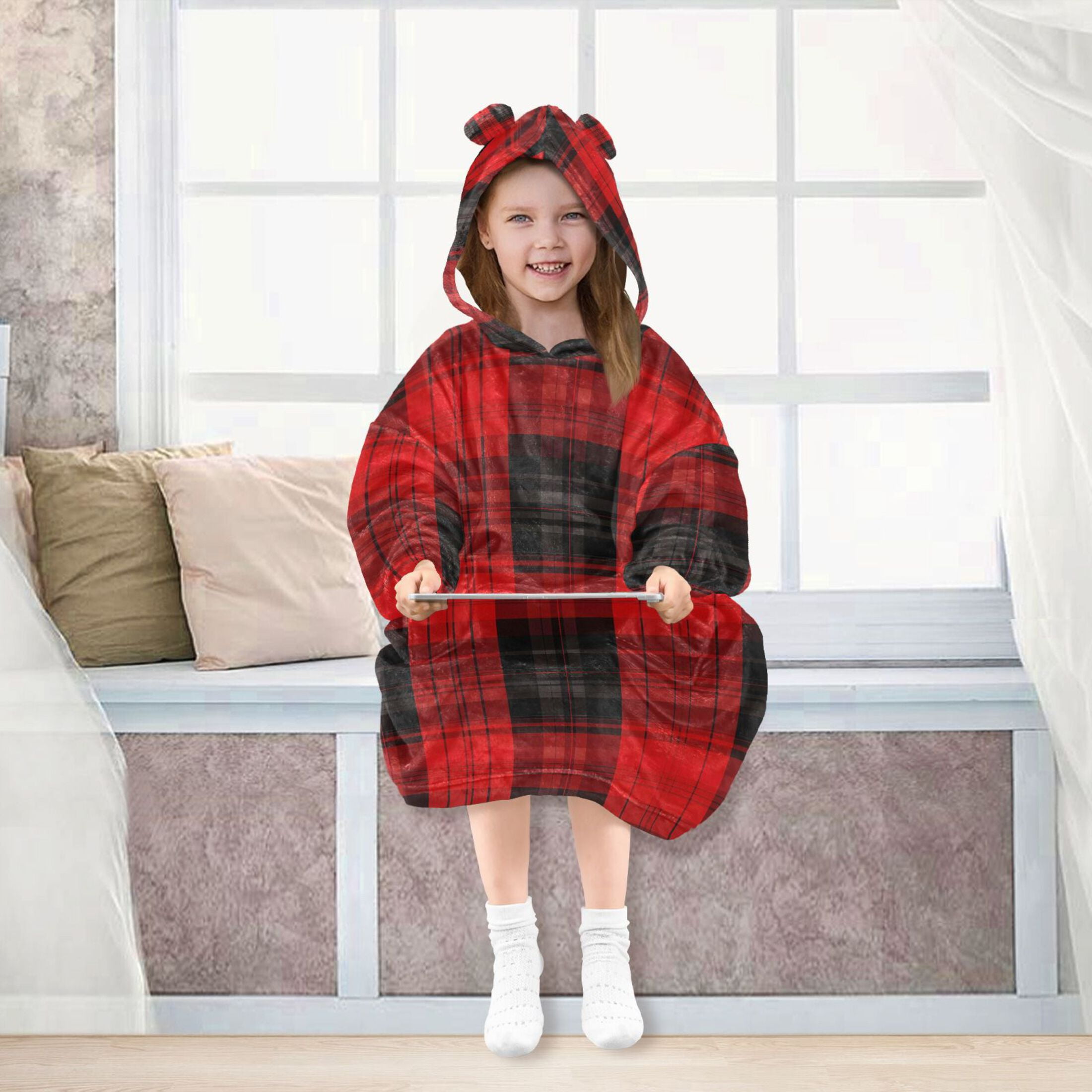 joogoo Wearable Blanket Hoodie for Checkered Print Flannel Sherpa Pocket 3-14 YR S