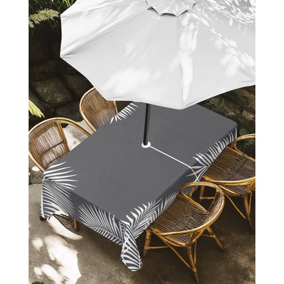 Outdoor Tablecloth with Umbrella Hole, Watercolor Tropical Palm Leaf Zippered Table Cloth for Rectangle Tables, Farmhouse Plant on Gray Washable Waterproof Tablecloths for Picnic Patio Garden