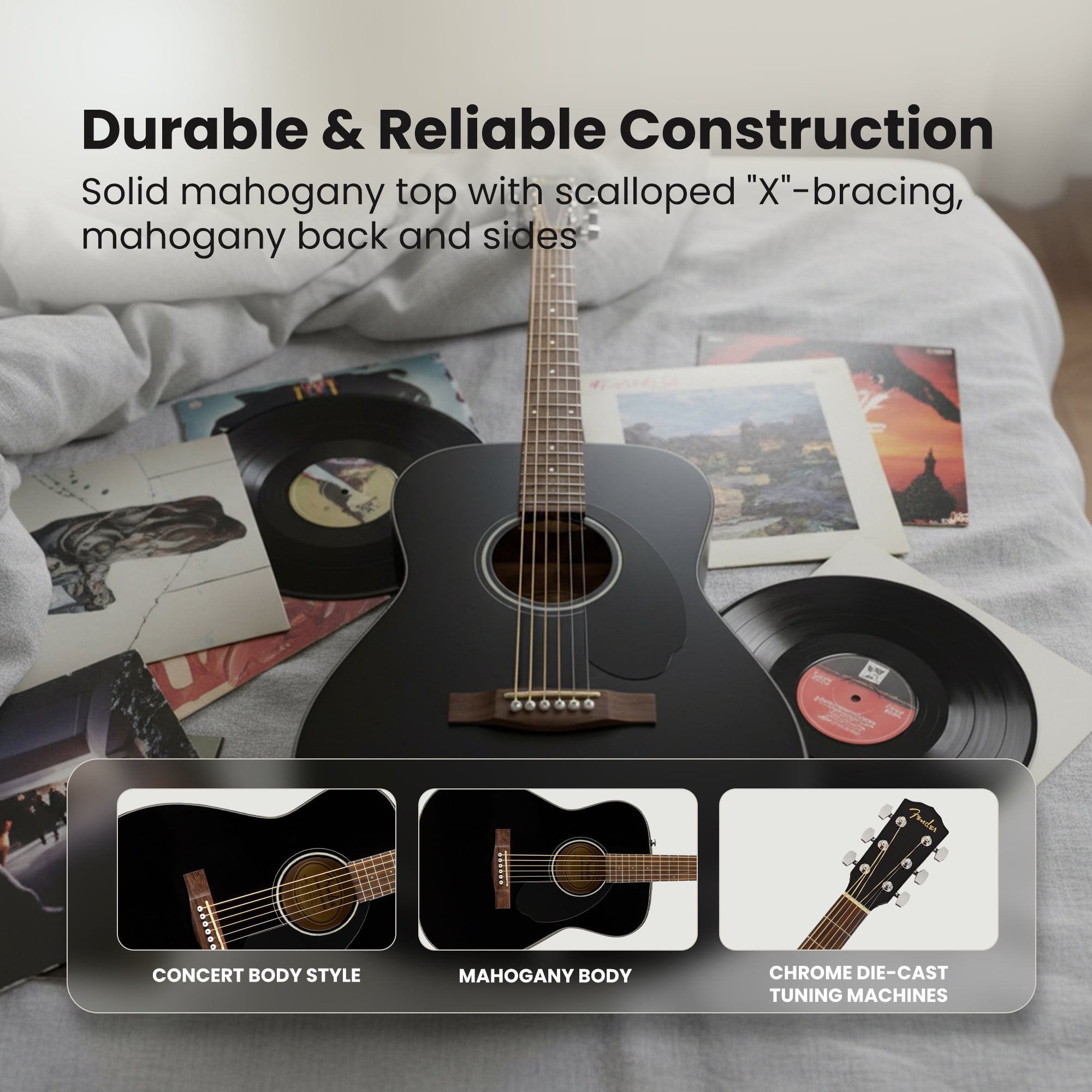 Fender CC-60S Solid Top Concert Acoustic Guitar - Black w/ Gig Bag