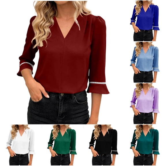 Tqcoqu Women's 3/4 Sleeve Tops Tunic Casual Pleated V Neck Business Work Blouses Office Shirts,Red,Women's S-XXL