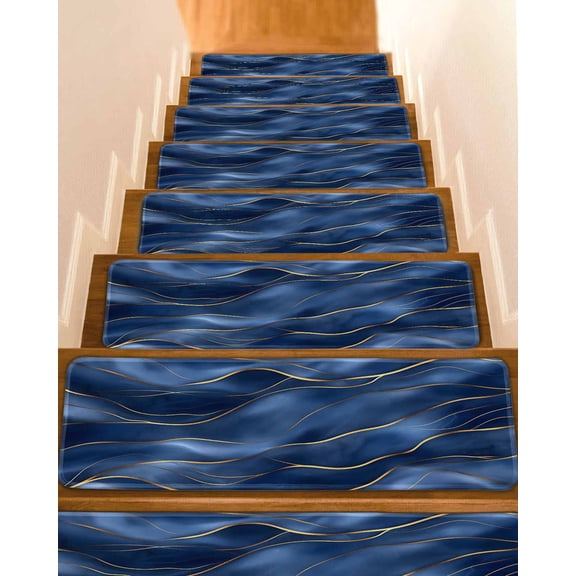 Navy Blue Marble Stair Treads for Wooden Steps Indoor Runner Rug Carpet, Abstract Modern Golden Geometric 4 Pieces Peel and Stick Staircase Step Treads Covers Washable Throw Door Mats, 30"x8"