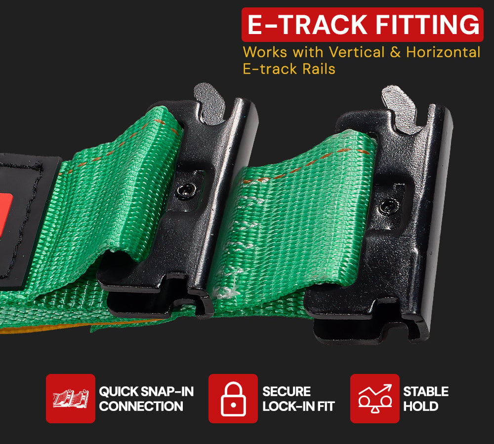 thumbnail image 5 of 8 Pack 2" x 16' Green E-Track Ratchet Tie Down Straps 1,500 lbs WLL, 4,500 lbs BS, Spring-Loaded Double Stud E-Fittings for Enclosed Trailers & Trucks, Padded Handles & Storage Bag, 5 of 19