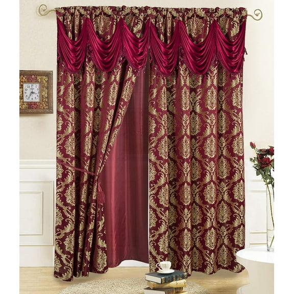 Jacquard Window Curtains for Living Room and Bedroom 108 x 84 Inches - 2 Panel Set with Attached Valance, Sheer Backing and 2 Tie Backs - Long Luxury Elegant Design, Cortinas De Sala  (Burgundy)