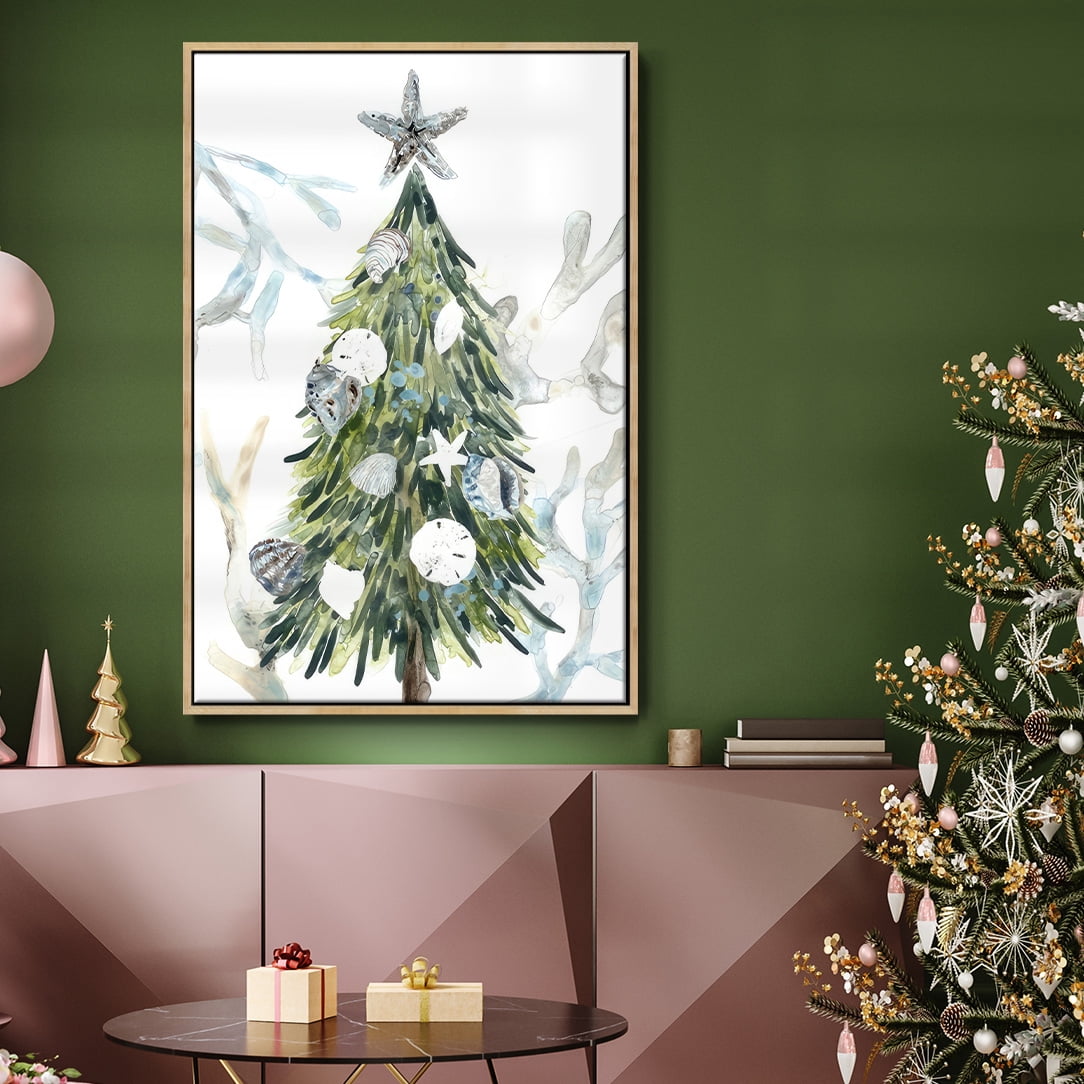 Coastal Christmas Shell Collection B - Framed Gallery Wrapped Holiday Canvas - 17 x 25 - Natural Wood Frame